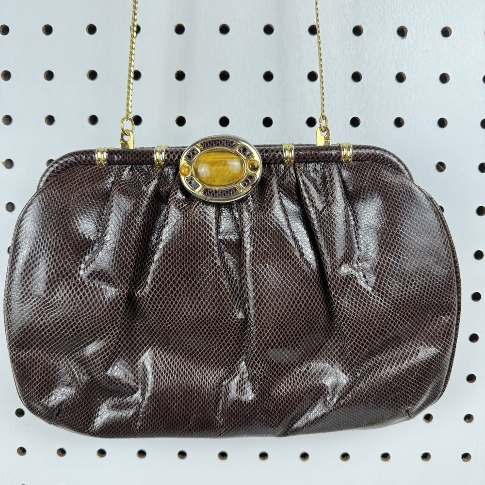 Vtg Ashneil 80s Brown Reptile Embossed Chain Shoulder Bag Purse  Grandmacore